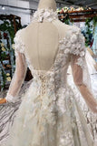 Princess Tulle High Neck Long Sleeve Handmade Flowers Lace up Prom Dresses JS795