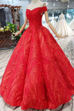 Red Off The Shoulder Lace Appliques Beads with Lace up Prom Dress Quinceanera Dresses JS788