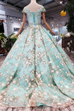 Elegant Ball Gown Cap Sleeve Lace up Scoop with Lace Appliques Beads Prom Dresses JS789