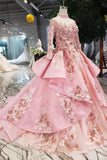 Long Sleeve Ball Gown High Neck With Lace Applique Beads Lace up Prom Dresses JS793