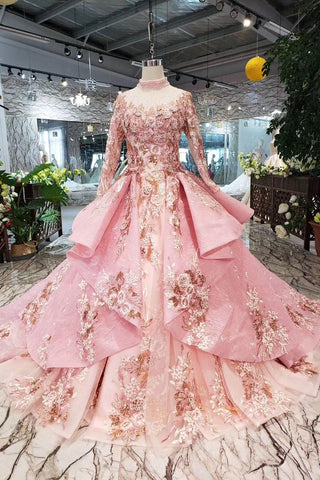 Long Sleeve Ball Gown High Neck With Lace Applique Beads Lace up Prom Dresses JS793
