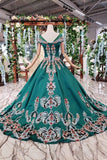 Simple Green Satin Short Sleeve Ball Gown Lace up with Applique Beads Prom Dresses JS792