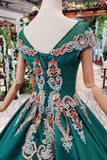 Simple Green Satin Short Sleeve Ball Gown Lace up with Applique Beads Prom Dresses JS792
