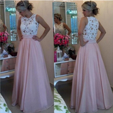 Gorgeous Lace Chiffon A-Line Formal Prom Gown With Pearls Blush Pink Long Prom Dresses JS134