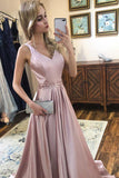 Elegant A Line V Neck Satin Beads V Back Pink Sleeveless Long Prom Dresses JS36