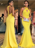 Sexy Sheath Halter Floor Length Ruffles Satin Prom Dresses Yellow Long Formal Dresses P1086