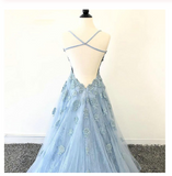 Chic Spaghetti Straps Blue Lace Tulle Long Prom Dresses Evening Dress With Lace Applique P1138
