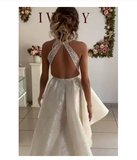 Unique Ivory Halter High Low Homecoming Dresses with Lace Short Prom Dresses H1095