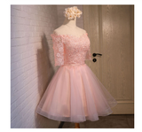 Glamorous A-line Off-the-shoulder Coral Organza Half Sleeves Homecoming Dress With Appliques JS446