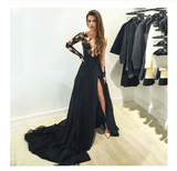 New Style Black Long Sleeves Lace Deep V Neck Thigh-High Slit Sexy Lace Evening Gowns JS111