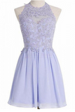 A-line Halter Short Lilac Chiffon Homecoming Dress Appliques Crystal JS483