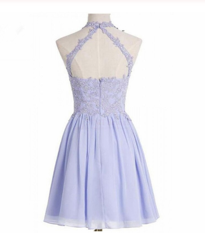 A-line Halter Short Lilac Chiffon Homecoming Dress Appliques Crystal JS483
