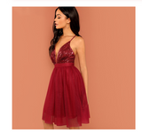 Spaghetti Straps V Neck Burgundy Tulle Homecoming Dresses with Sequins Prom Dresses H1099