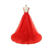 Red V-neck Backless Long Tulle Prom Dresses Evening Dresses JS494