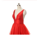 Red V-neck Backless Long Tulle Prom Dresses Evening Dresses JS494