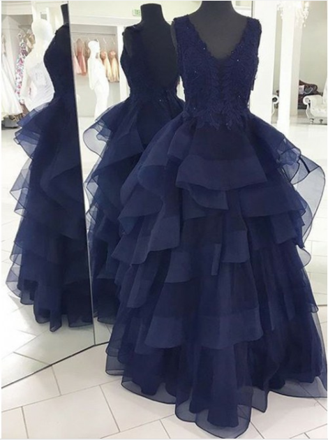 Custom Made Navy Blue Appliques Beaded V-Neck High Quality Prom Dresses JS757