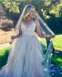 Princess Spaghetti Straps V Neck Tulle Long Wedding Dresses