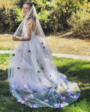 Princess Spaghetti Straps V Neck Tulle Long Wedding Dresses