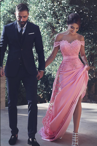 Pink Sheath Off-the-Shoulder Sweep Train Prom Dress with Lace Sash Ruffles JS779