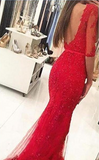 Graceful Red Beaded Lace Long Half Sleeve Backless Floor Length Mermaid prom Dresses JS703