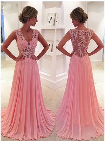 Gorgeous Pink Lace Long Sweetheart Cap Sleeve A-Line Beads Chiffon Prom Dresses JS12