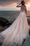 A Line Pink Long Sleeves Round Neck Tulle Wedding Dresses with Appliques, Wedding Gowns SJS15012