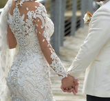 Luxury Crystal Beaded Appliques Mermaid High Neck Long Sleeves Wedding Gowns