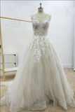 A Line Floral Appliques Beach Wedding Dresses Backless Tulle Boho Wedding Gowns