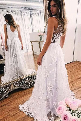 A Line V Neck Sleeveless Lace Wedding Dress Long Bridal Dress With SJSP7LAJH3P