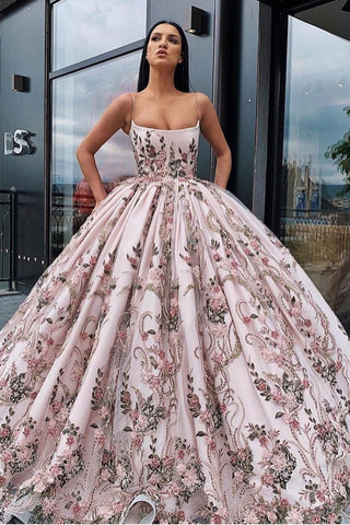 Princess Ball Gown Spaghetti Straps Beads Floral Print Prom Dresses Long Quinceanera Dress SJS15294