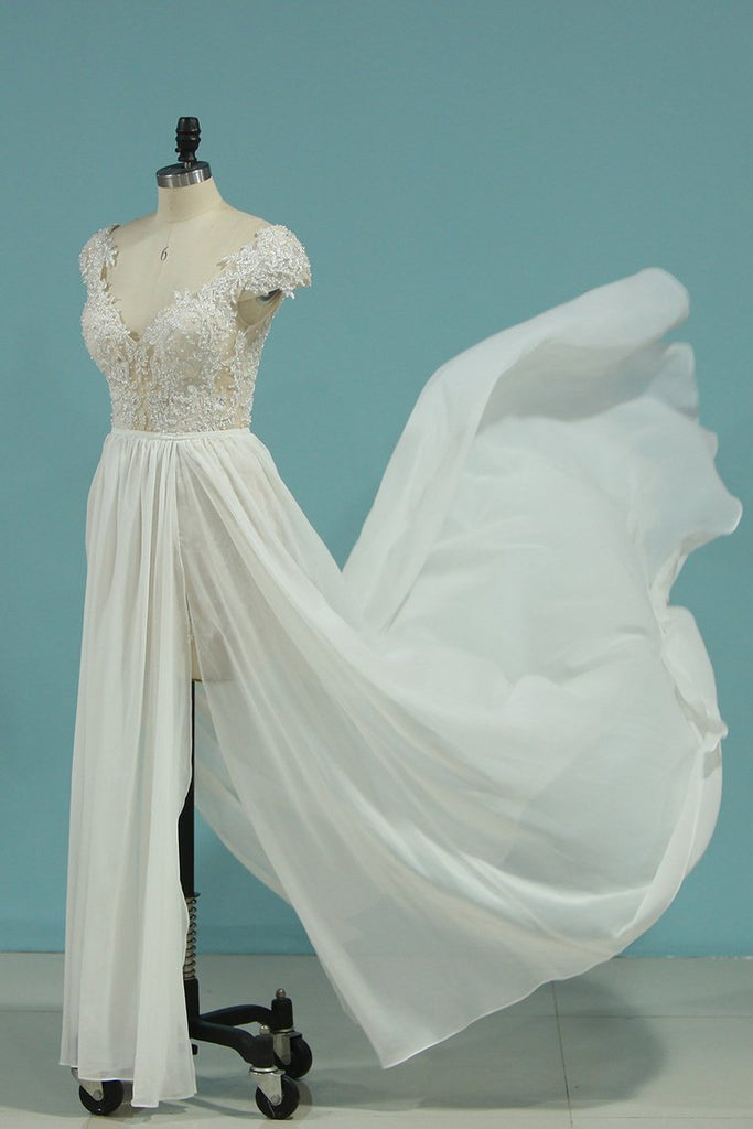 Beach Wedding Dresses A-Line V-Neck Chiffon Full Beaded Top