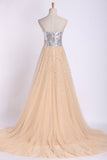 Sweetheart A Line Sweep Train Prom Dresses Tulle With Beads