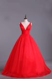 Deep V Neckline Prom Dress Organza Floor Length Backless Sexy Red