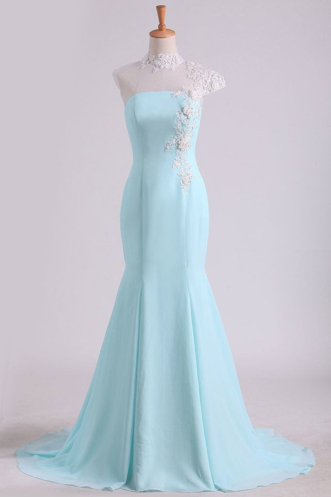 Mermaid Prom Dresses High Neck Chiffon With Applique And Beads Sweep ...