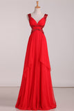 New Arrival Straps Prom Dresses Chiffon With Beads And Ruffles Open Back