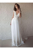 A-Line V-Neck Cap Sleeves Tulle Beach Wedding Dresses With Appliques