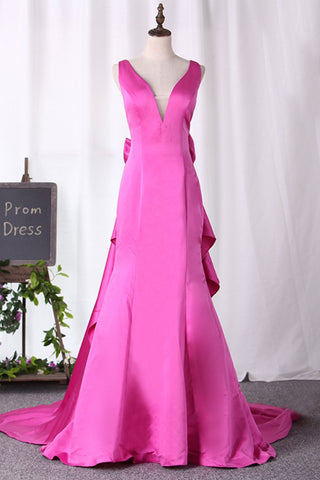 New Arrival V Neck Satin With Bow Knot Mermaid Prom Dresses