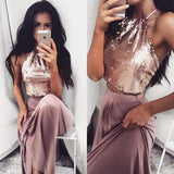 Sexy Two Pieces Shinny Sequin Long A-line Halter Prom Dresses JS687