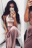 Sexy Two Pieces Shinny Sequin Long A-line Halter Prom Dresses JS687