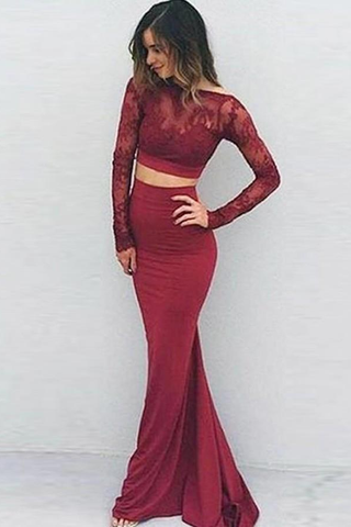 Burgundy Sexy Two Pieces Charming Backless Lace Long Sleeves Evening Dresses JS852