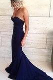 Simple Sweetheart Navy Blue Mermaid Prom Dress with Sash Sweep Train JS596