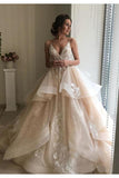 Spaghetti Straps V Neck Wedding Dresses With Layer, Sleeveless Wedding Gowns