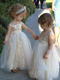 Cute Glitter A Line Gold Sequins Tulle Flower Girl Dresses, Little Girl Dresses SJS15573
