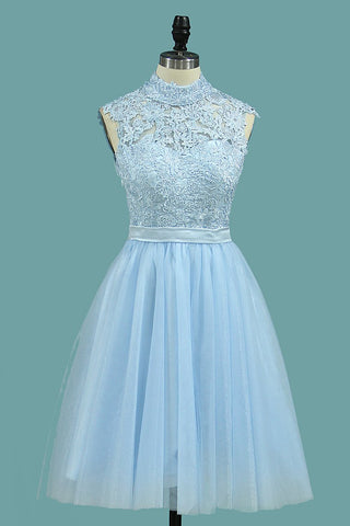 A Line Homecoming Dresses High Neck Tulle With Applique