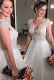 New Arrival Wedding Dresses A-Line V-Neck With Appliques Short Sleeves