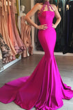 New Arrival High Neck Satin With Applique Mermaid Sweep Train Prom Dresses