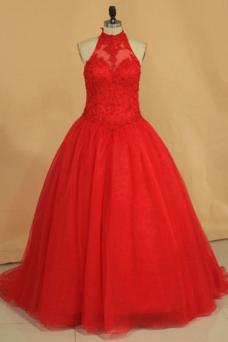 Quinceanera Dresses High Neck Ball Gown Tulle With Embroidery