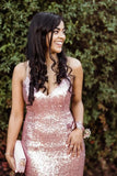 Sparkly Spaghetti Straps Rose Gold V Neck Prom Dresses with Sequins, Dance Dresses SJS15537