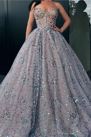 Princess Strapless Sweetheart Beads Ball Gown Rhinestone Prom Dress with Long Sparkly SJS15308