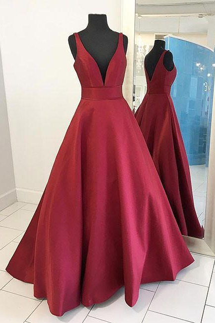 Sexy Burgundy Red Long V Neck Red Evening Dress Simple Prom Dresses JS749